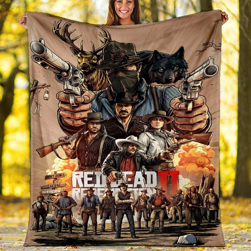 1pc Red Dead Redemption Theme Blanket - Digital Print, Polyester, Cozy for All Seasons, Perfect for Outdoor, and Travel