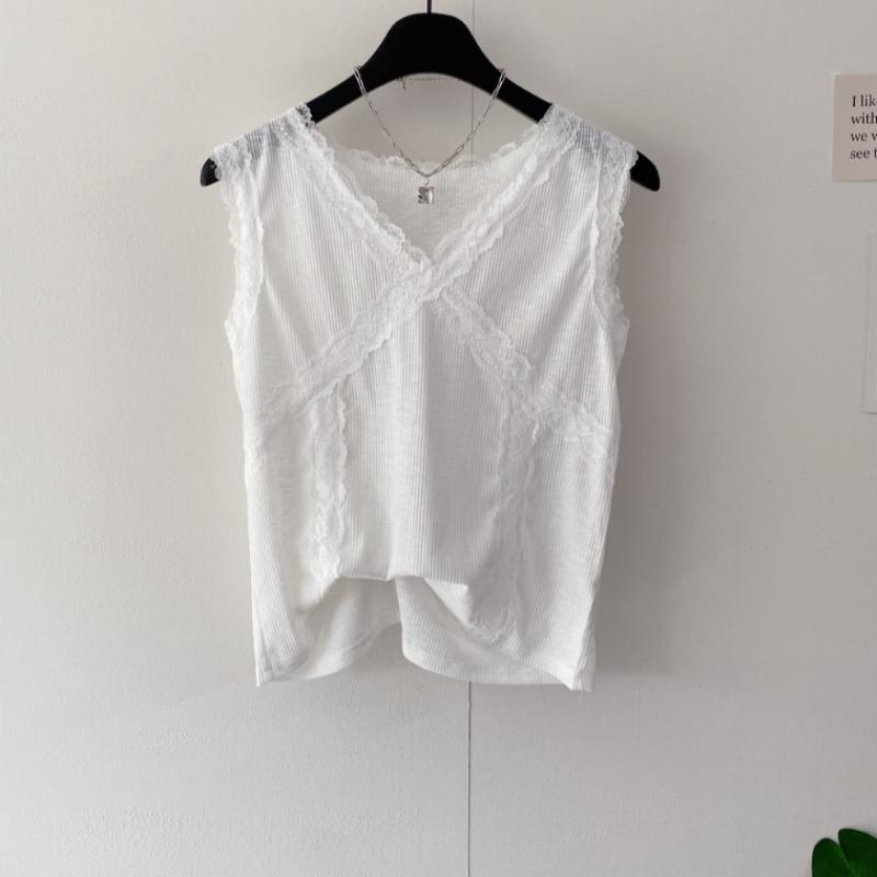 Honey J Linen V Neck Cut Lace sleeVeless Tank Top 2color
