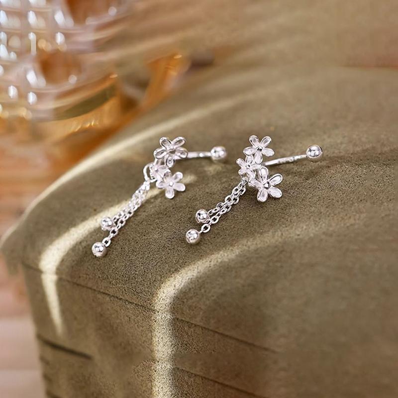 Real 925 Silver Flower Bead Screw Chain Tassel Plant Stud Earrings For Women Cute Fine Jewelry Light Accessories