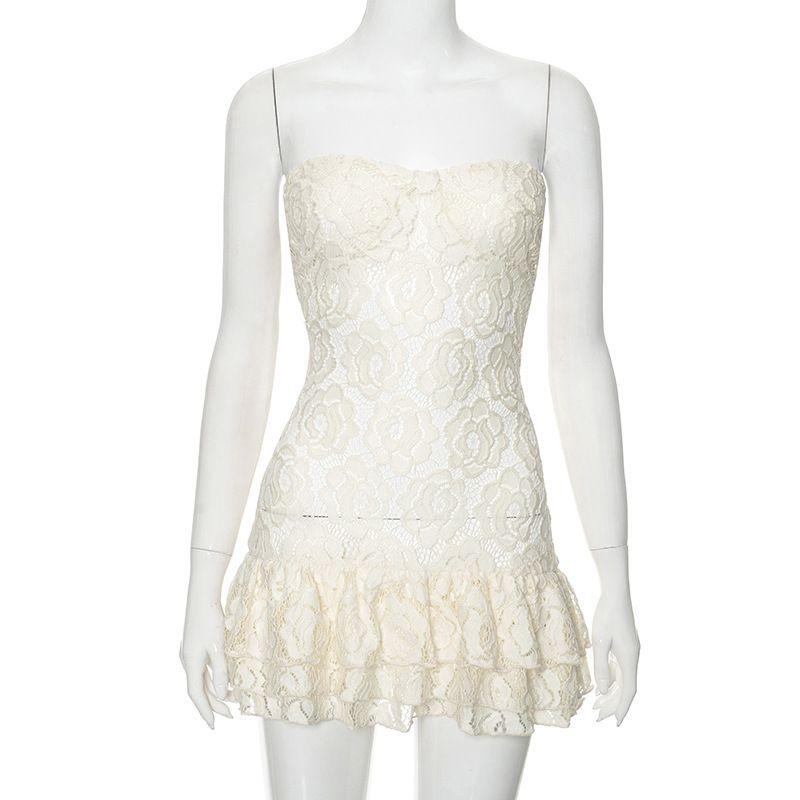 

F24ds055 Fashion Style Summer New Arrival Women s Clothing Pure Color Tube-Top Lace See-through High Waist Dress Yellow S