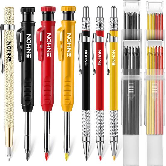 Enhon 6 Pack Carpenter Pencil with Sharpener, Mechanical Carpenter Pencils with 36 Refills, Heavy Duty Construction Pencil Woodworking Tools for