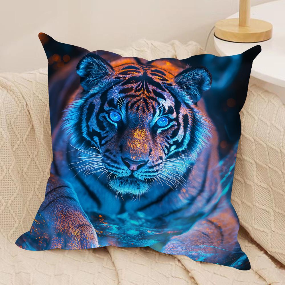 Tiger Animal Print Pattern Cushion Cover Silky Short Plush Invisible Zipper Dustproof Sofa Pillow Case For Home Decor