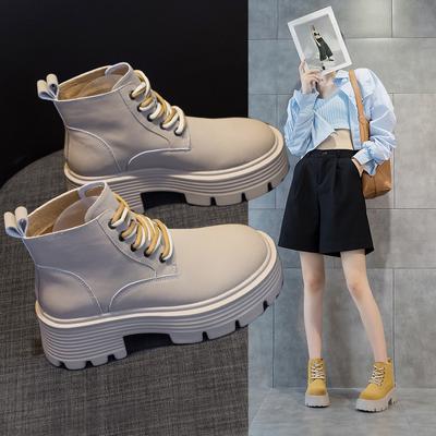 Botas de Trabalho Femininas Estilo Britânico de Sola Grossa com Cadarço Casual Palmilha para Aumento de Altura Sapatos de Couro