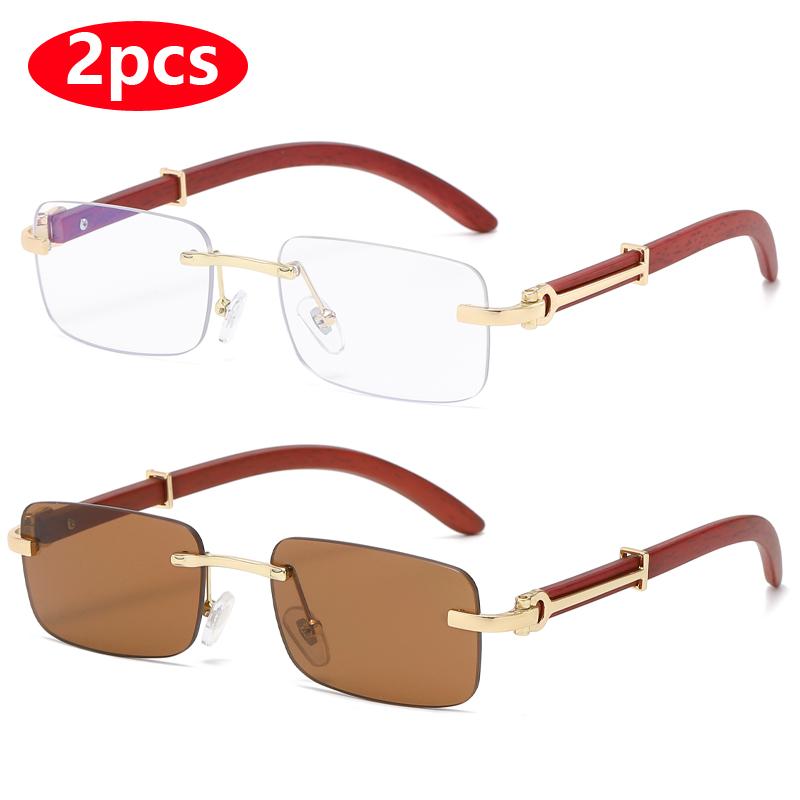 2pcs Rectangle Rimless Sunglasses Women Square Eyeglasses Luxury Brand Designer Retro Wooden Frame Gradient Sun Glasses UV400