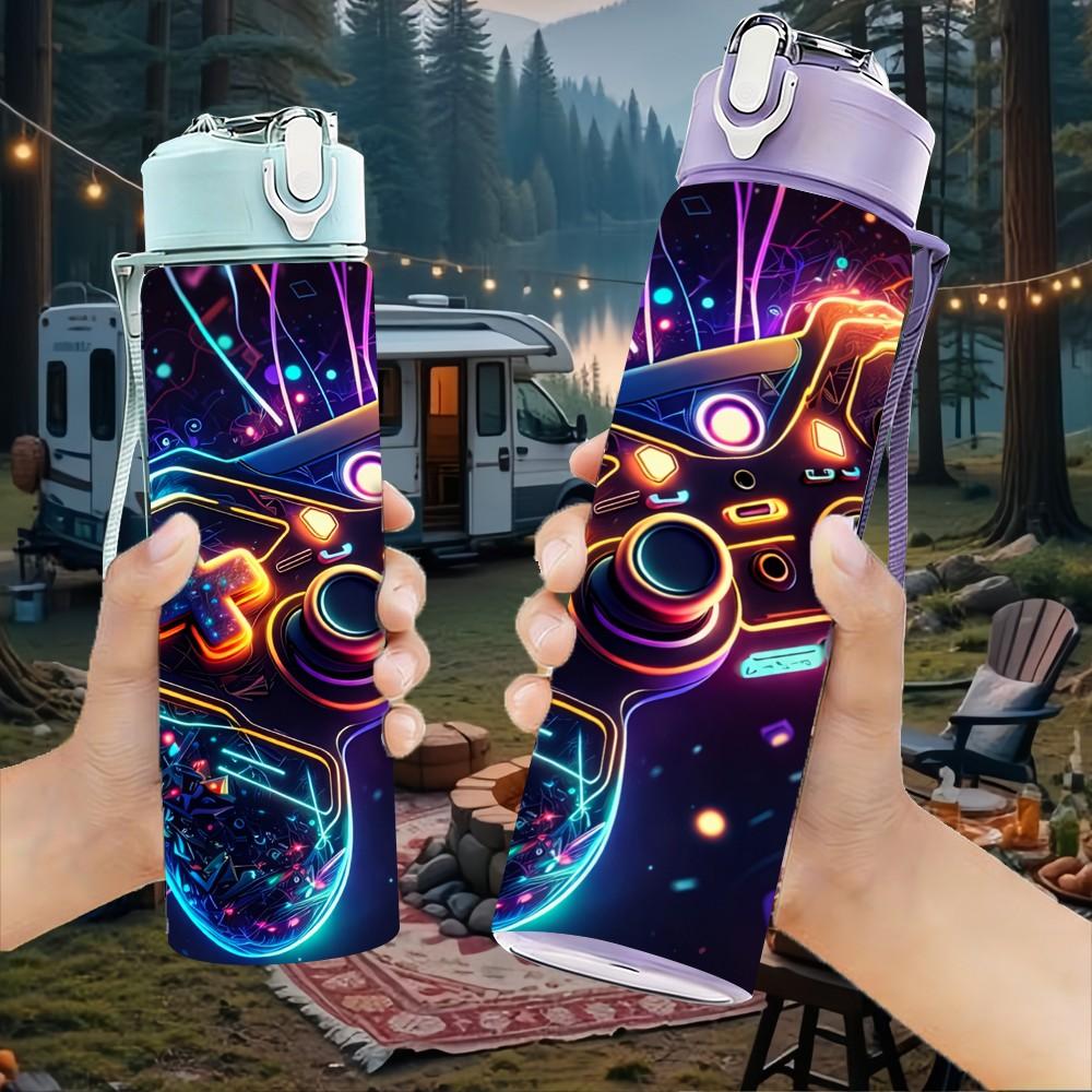 1PC Neon Game Controller Gaming Theme Art 750ml Color Plastic Sports Water Bottle Leakproof Flip Straw Lid Suitable for Sports Office Home Use