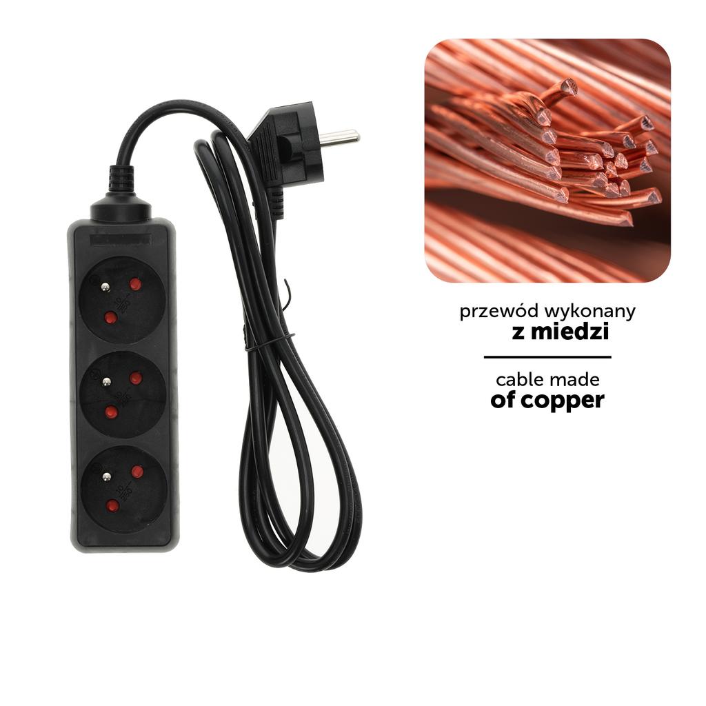 Extension cord, 3 sockets, 1.5 , with grounding, black
