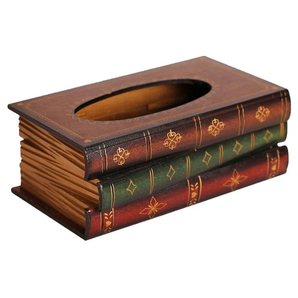 Book Shaped Vintage Tissue Box Cover Artistical Wooden Paper Extraction Box Creative Tissue Organizer Box for Home Decor