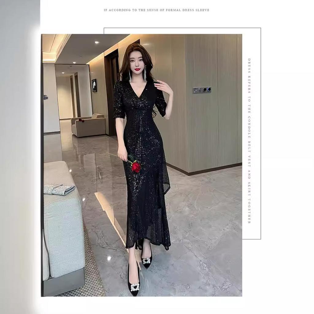 Schwarzes Abendkleid Damen High-End Light Luxury Nische Bankett Gastgeber Pailletten Fischschwanzkleid