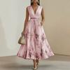 European and American Autumn and Winter Women's Clothing Printed V-neck Sleeveless Fashion Pleated Dress Long Dress Women