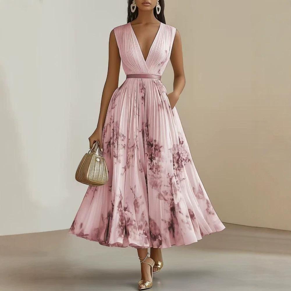 European and American Autumn and Winter Women's Clothing Printed V-neck Sleeveless Fashion Pleated Dress Long Dress Women
