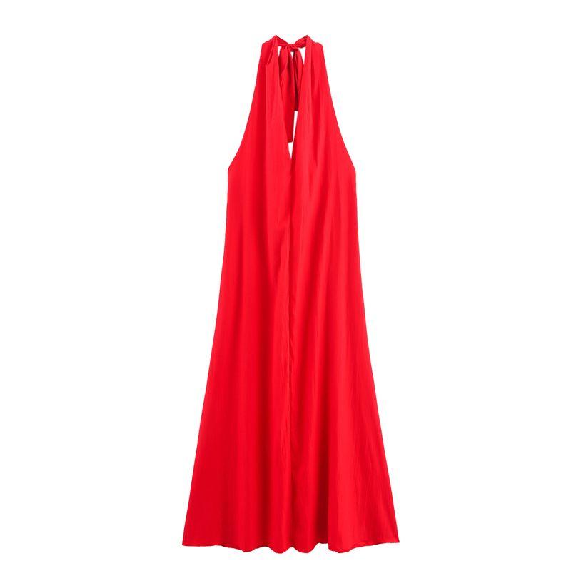 

Kaslead New Women clothes Western Style Bowknot Decoration Hanging Neck Midi Dress 8039116 Red L