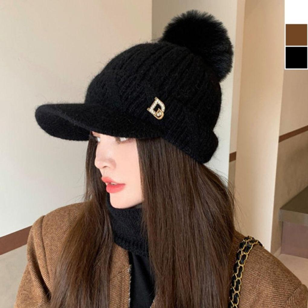 Initial Knit Pom Pom Hat Winter Warm Golf Hiking Fishing