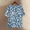 Camicia alla moda e casual da donna a maniche corte con scollo rotondo e stampa, blusa top in cotone e lino