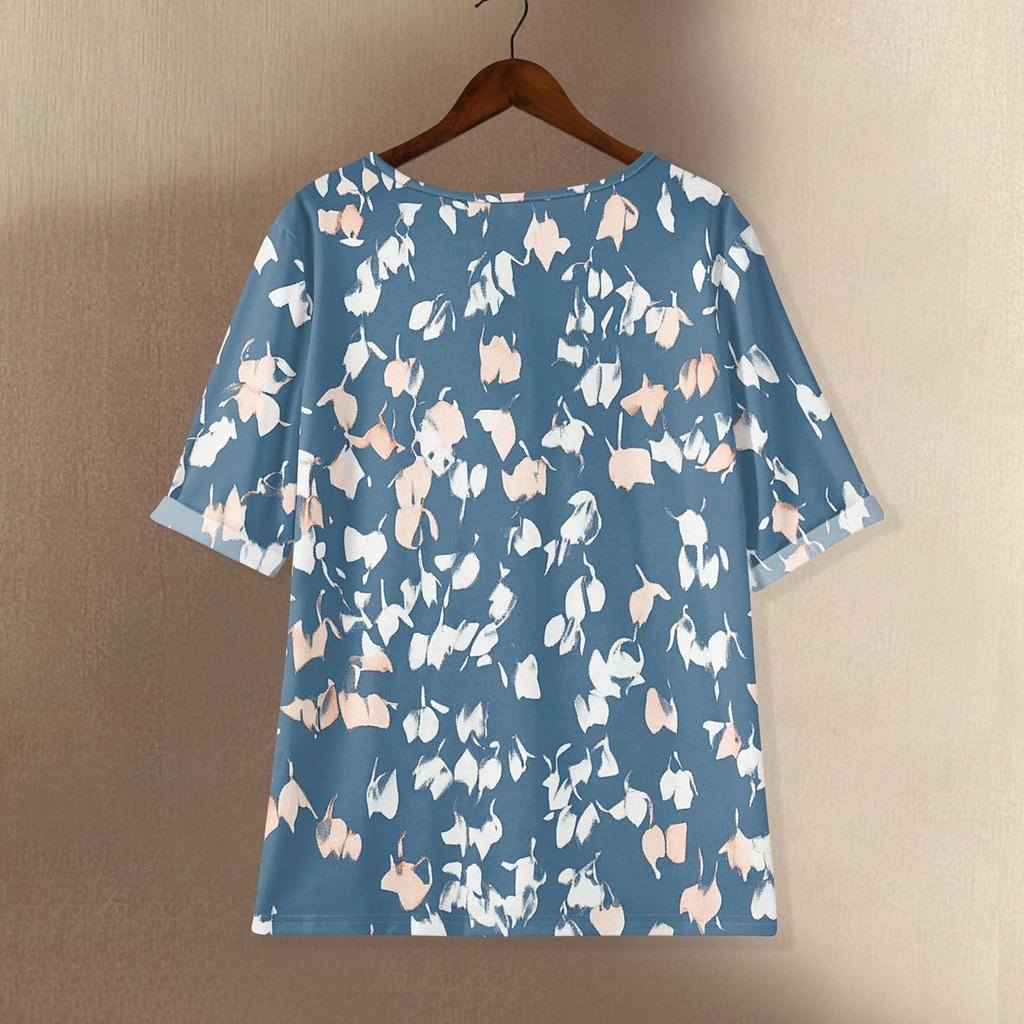 Camicia alla moda e casual da donna a maniche corte con scollo rotondo e stampa, blusa top in cotone e lino