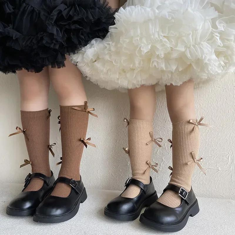 2 Pairs Girls Cotton Tube Socks With Cute Bow Vertical Striped Baby Stockings For Spring Autumn Winter New Arrival
