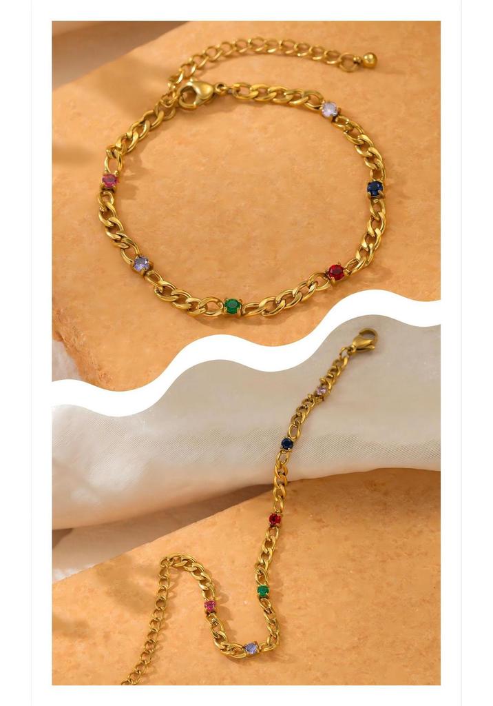 18K Gold Plated Stainless Steel Bracelet with Colored Zircon - Fashionable, Versatile, and Non-Fading