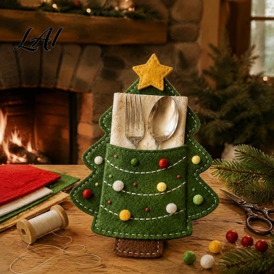 Christmas Table Decoration Felt Cutlery Holder DIY Kit Holiday Flatware Pouch Craft Festival Dinner Accessory Set Handmade Utensil Sleeve for Table,