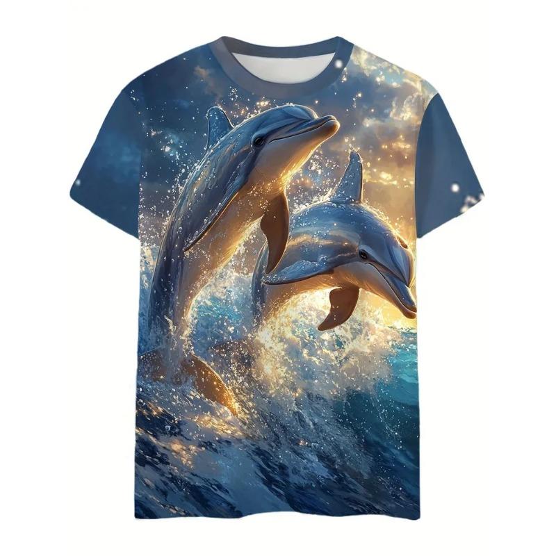 Casual Fashion Simple Abstract Painting Animal Sea Dolphin Breathable 3D Printed Round Neck Short Sleeve T-shirt Casual Sports Shirt