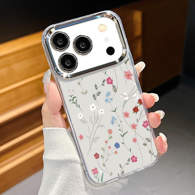 Little Floral Pattern Case For iPhone 17 Pro Max iPhone 16 15 14 13 Pro Max 11 17e 16e Plating Lens Frame Clear Soft Silicone Back Cover