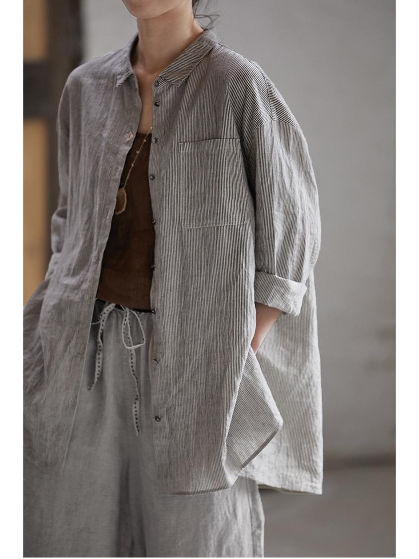 Ретро Черная Полоска Льняно-Хлопковая Смесь Большого Размера Повседневная Рубашка M