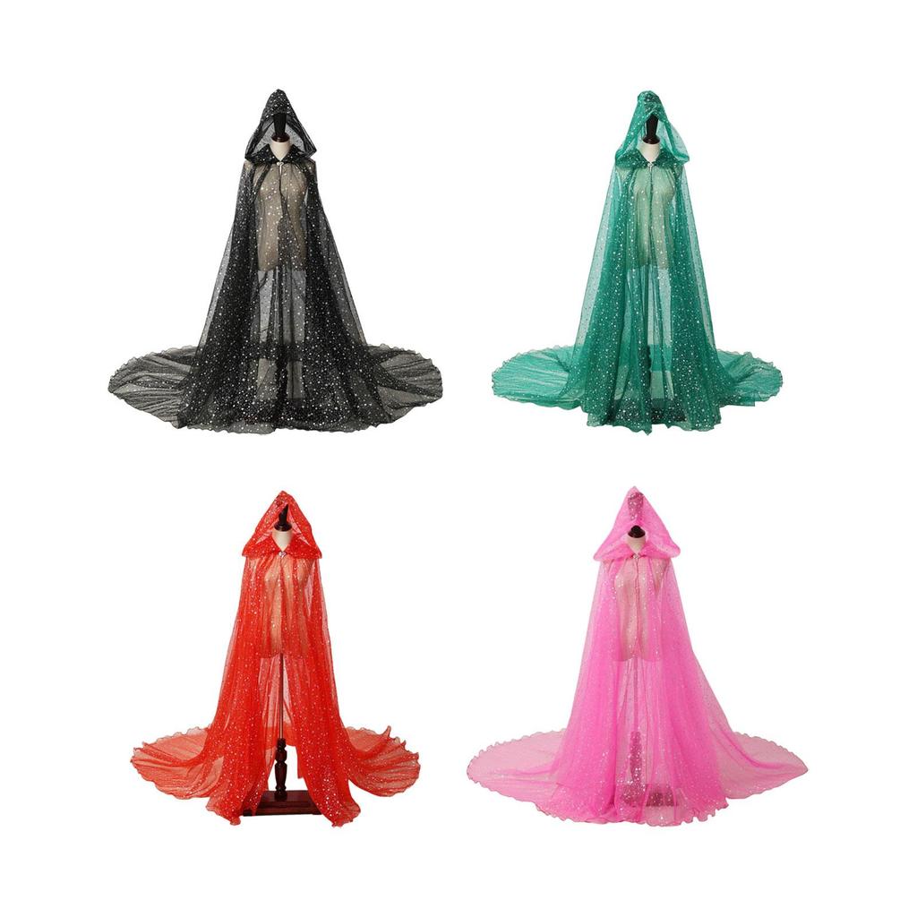 Women Wedding Tulle Cape Shiny Hooded Elf Cloak Bridal Dress