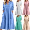 Modisches Damen Farb V-Ausschnitt Lässiges Lockeres Retro Baumwolle Leinen Langarm Tasche Kleid