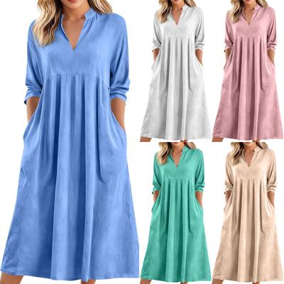Women's Fashionable Color V,neck Casual Loose Retro Cotton Linen Long Sleeved Pocket Dress