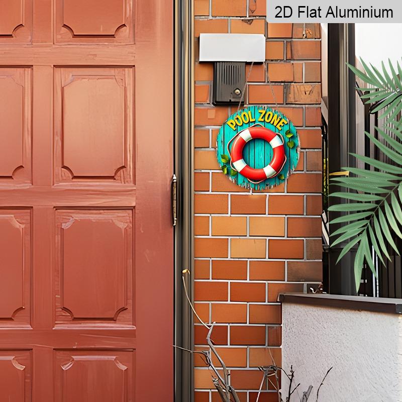 2D Flat Aluminum Decorative Signs and Plaques for Pool Areas, Available in Various Sizes. Vintage Life Rings and Distressed Wood Paneling Wall