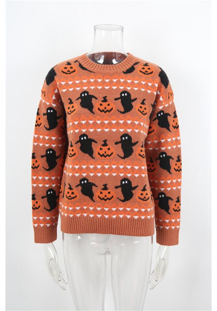 European & American Women's Halloween Ghost Pumpkin Knit Pullover Top