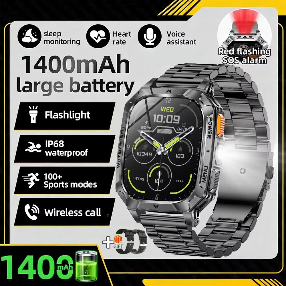 For Android iOS Watch Smart Call Sports Monitor Health Flashlight Waterproof IP68 Men Smartwatch Military Battery 1400 mAh New