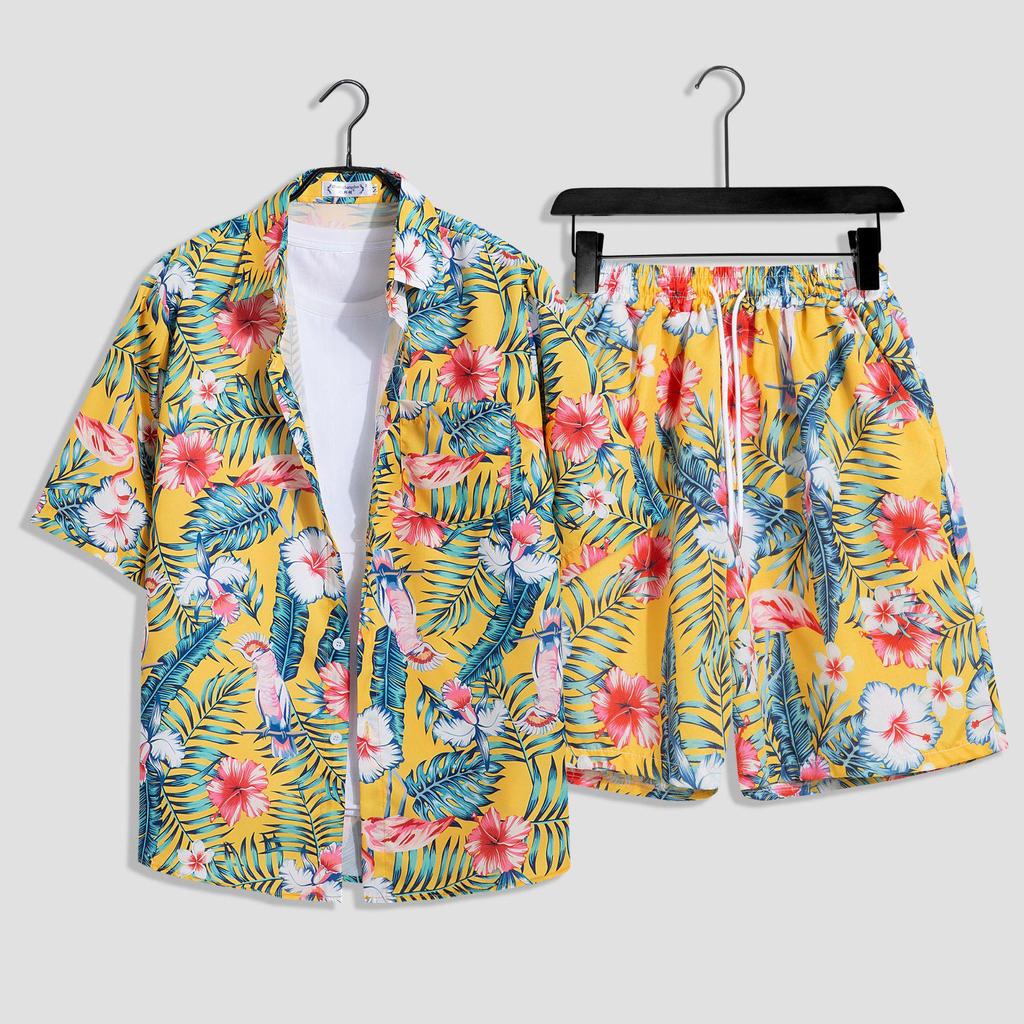 Hawaiian Floral Beach Set: Men's Loose-Fit Plus Size Short Sleeve Shirt & Casual Shorts
