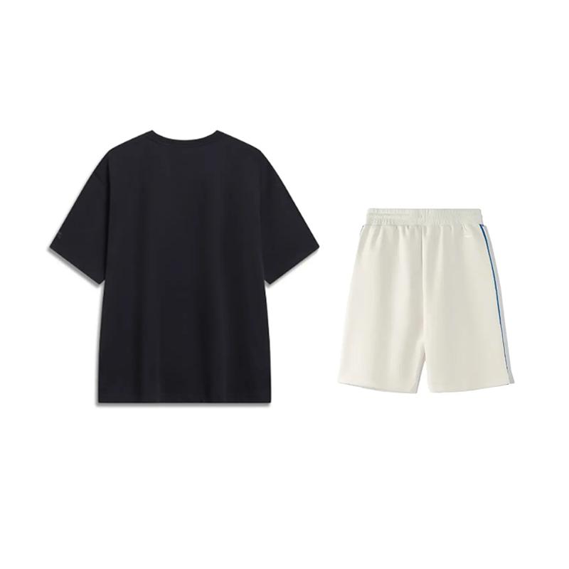 Li Ning Logo Printed Fashion Loose Round Neck Pullover Short Sleeve Comfortable Simple Shorts Casual Sports Suit AHST791-1+YKSV129-1