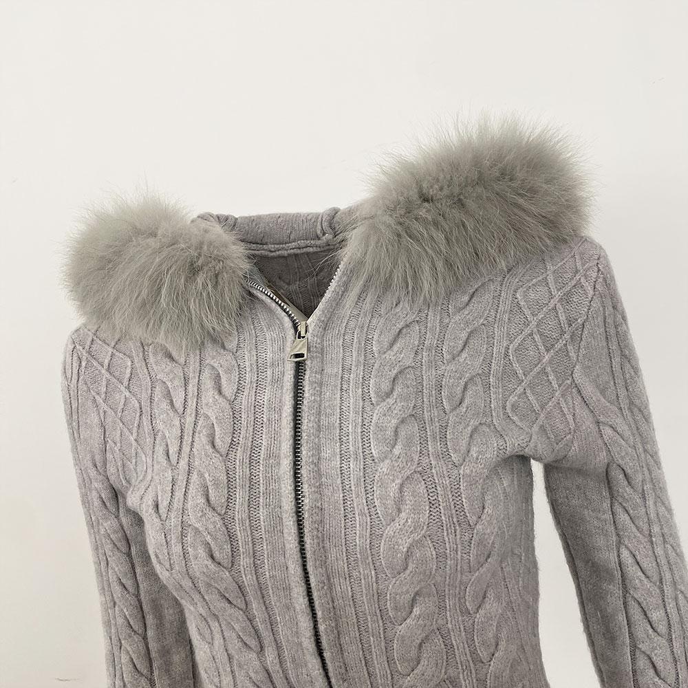 OFTBUY Soft Winter Real Fox Fur Autumn Warm Knitted Coat Short Zipper Hooded Women Jacket Casual Sweater Jacket Slim Lady Elegant Wholesale