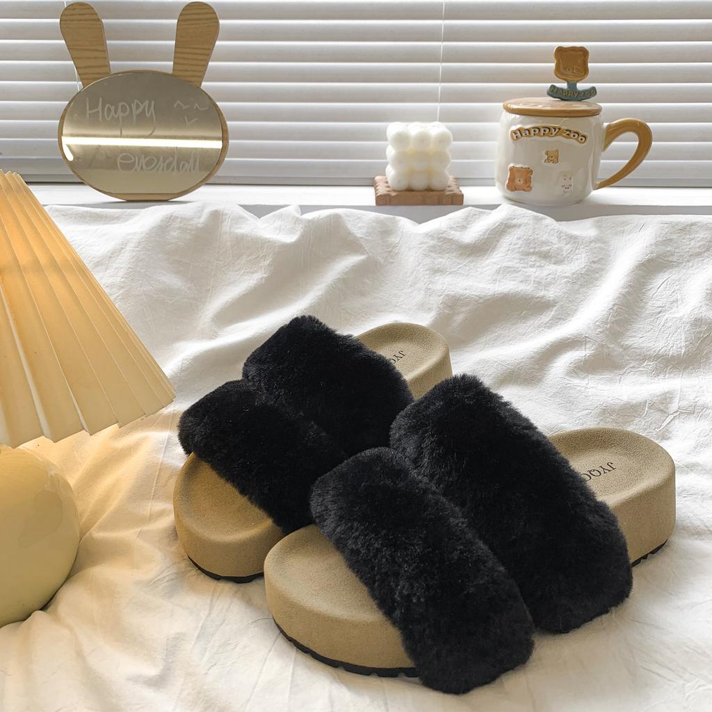 Muffin thick bottom heightening one-word cotton slippers women's outer wear 2025 autumn and winter new small open-toed warm fluff mop