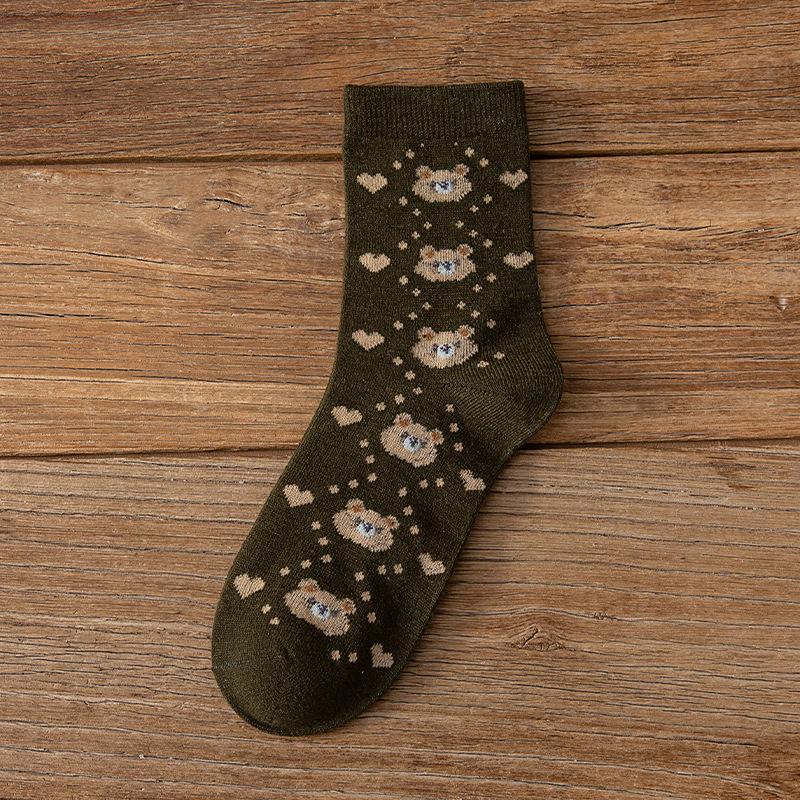 Women's Spring and Autumn Thickened Warm Wool Socks, Trendy Socks, Mid-calf Socks, Cartoon Bear Jacquard Women's Socks