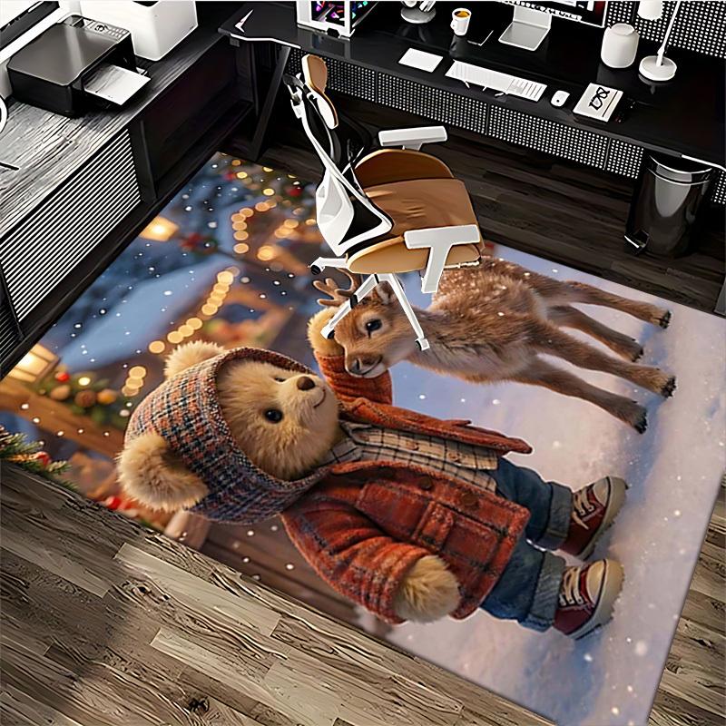 1pc Christmas Deer and Bear Plaid Hoodie Chair Mat - Anime Cartoon Design Office Chair Pad - Non-Slip Carpet for Home Decor, Living Room, Bedroom, Gam