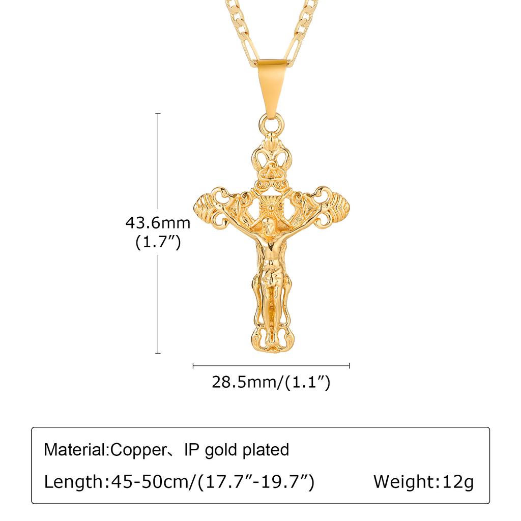 CZ Cross of Jesus Christ Crucifix Pendant Necklace, Figaro Chain Adjustable, Women Catholic Jewelry