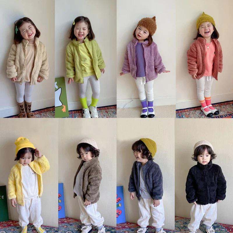 2024 Autumn Winter Girls Boys Casual Soft Warm Long Sleeve Coat Baby Kids Children Fleece Jacket Plush Zipper Closure Outerwear
