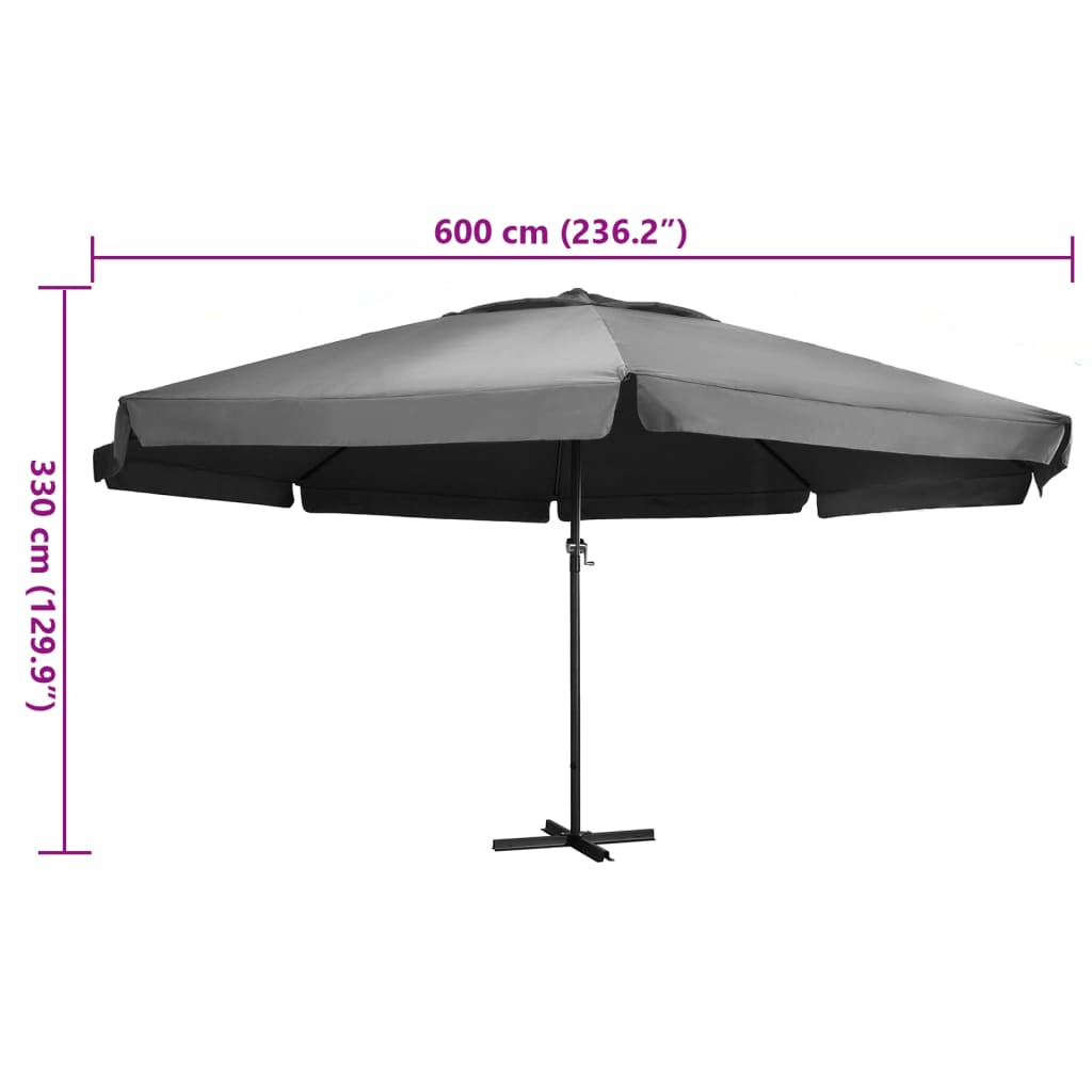 600 Cm Anthracite Garden Umbrella with Aluminum Pole