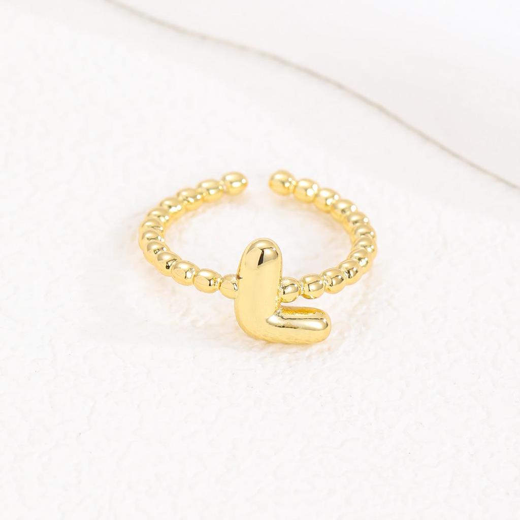 Adjustable 18K Gold Bubble Beaded Open Ring with 26 Alphabet Options