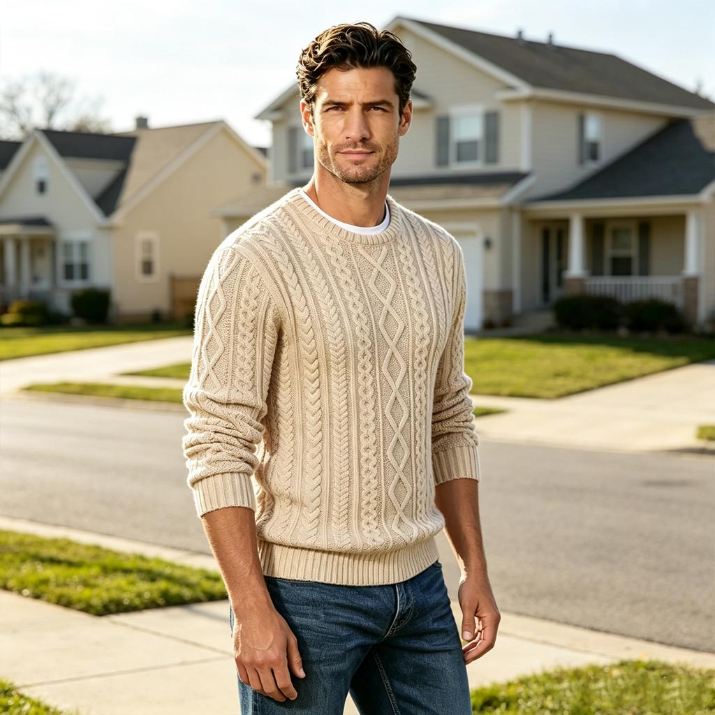 Cable Knit Neck Pullover Sweater in Retro, Color Casual