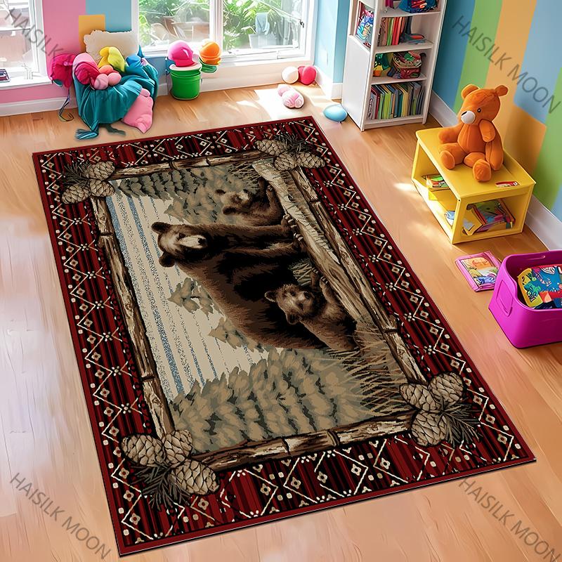 Dywan w stylu retro skandynawskim z motywem nadruku niedźwiedzia łosia, miękki dywan odpowiedni do jadalni, salonu, pokoju zabaw dla dzieci, mata podłogowa
