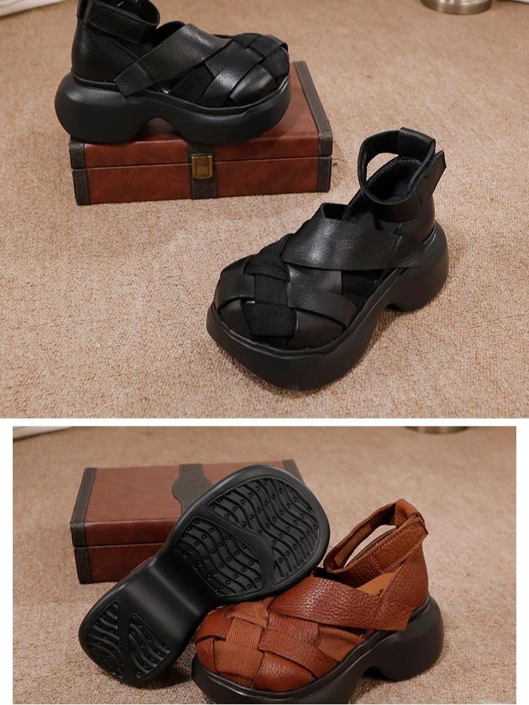 Johnature Echtes Leder Gewebte Schuhe mit dicker Sohle Retro Handgefertigte Damen Plateau-Sandalen