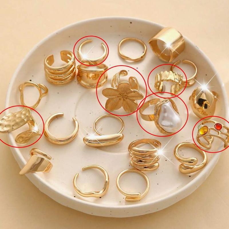 6/14/20 Pcs Imitation Pearl Flower Zircon Rings Set for Women Vintage Elegant Irregular Gold Color Open Ring Party Jewelry Gifts