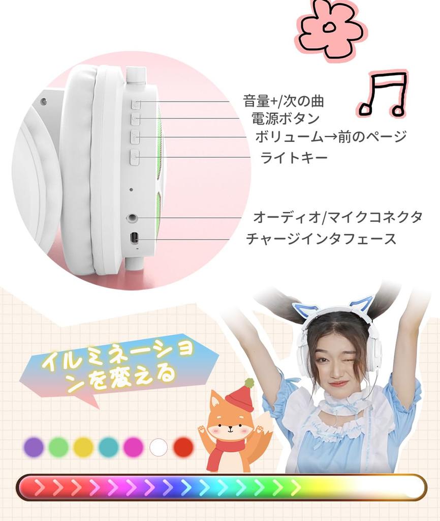 Fox and Cat Ear Headphones, Bluetooth Headset, Bluetooth 5.3 Wireless Headphones, HD Calling, HiFi Sound Quality, Wired and Wireless, LED Dynamic