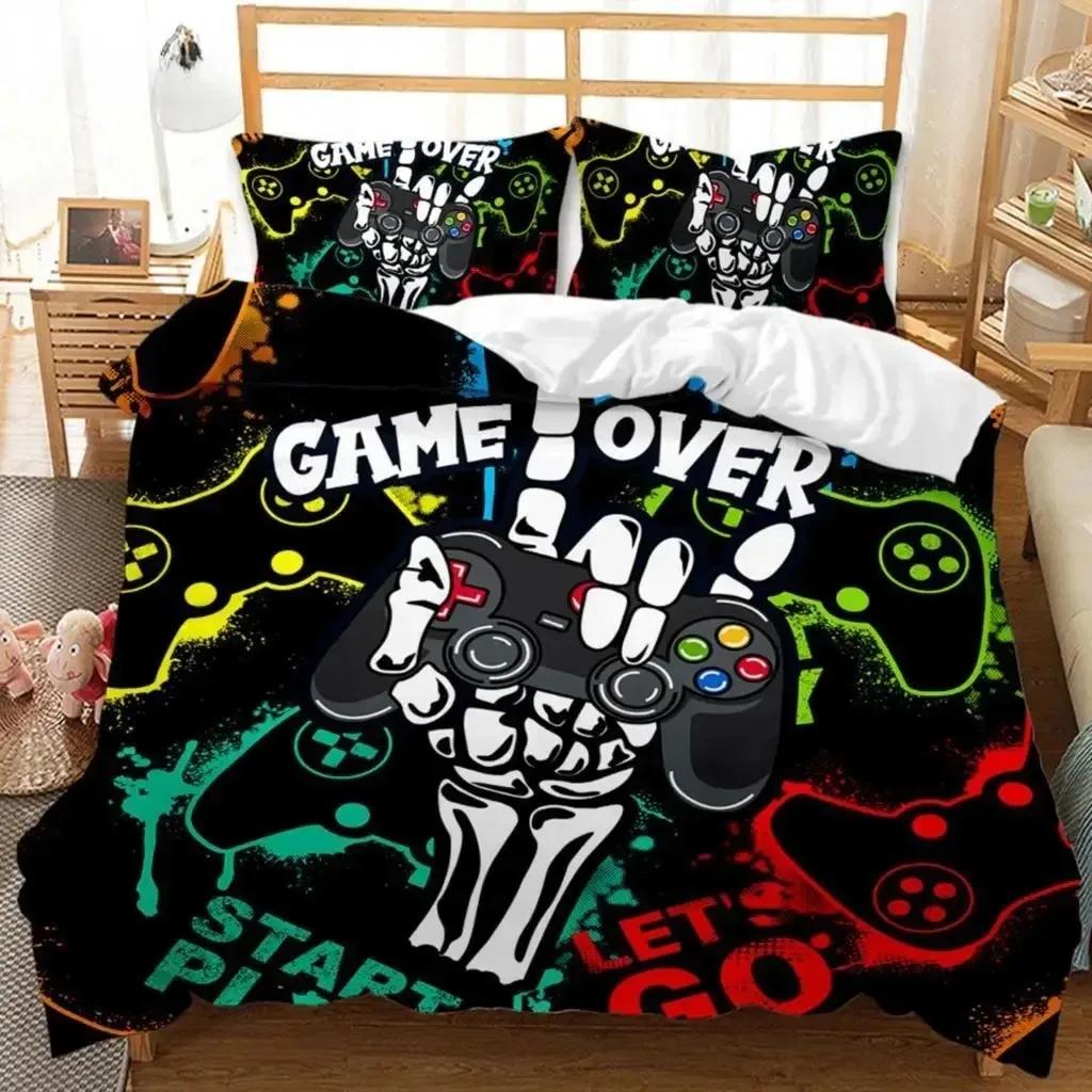 Gaming Duvet Cover Set Sugar Skull Gamer Bedding Spider Web Halloween Polyester Duvet Cover Kids Juvenile Hand Skeleton Gamepad