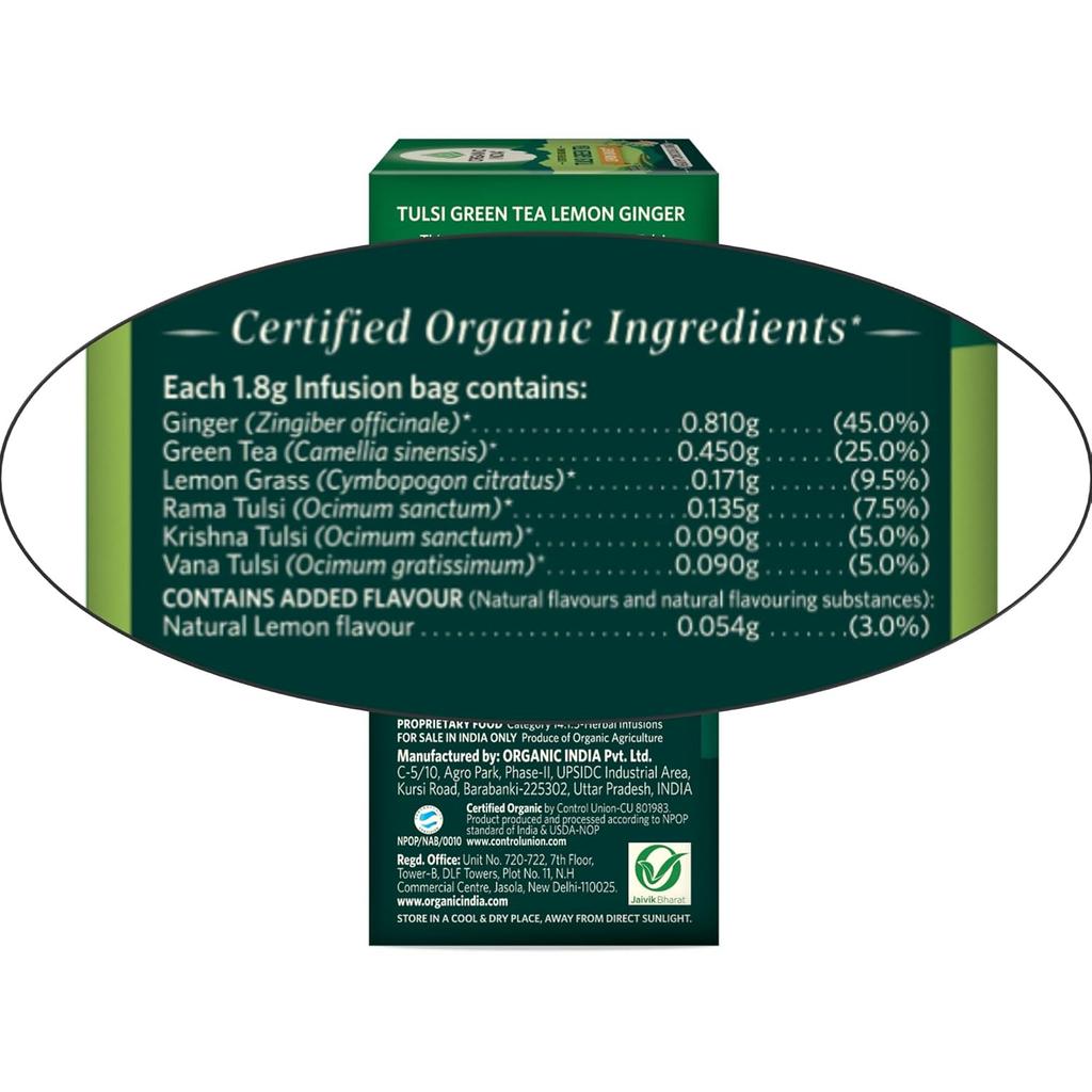 ORGANIC INDIA Tulsi Green Tea Lemon Ginger 18 Tea Bags Refreshing Herbal Beverage for Relaxation