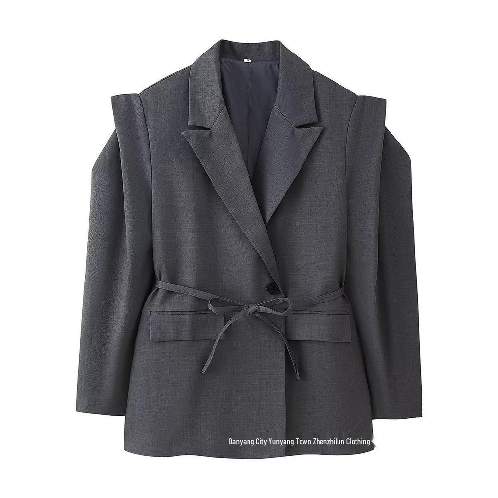 European & American Women's Fashion Commuter Waist-Tie Shoulder Pad Blazer
