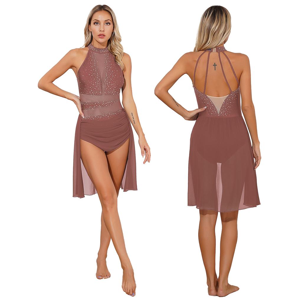 Womens Lyrical Dance Performance Costume Glittery Rhinestone Backless Dress Mock Neck Sleeveless Mesh Leotard Dresses