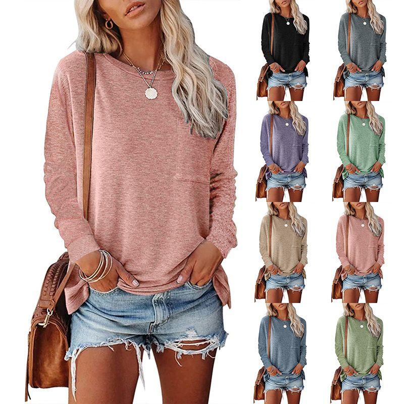

2025 Pocket Slit Long Sleeved Casual Loose Top T-shirt Purple XXL